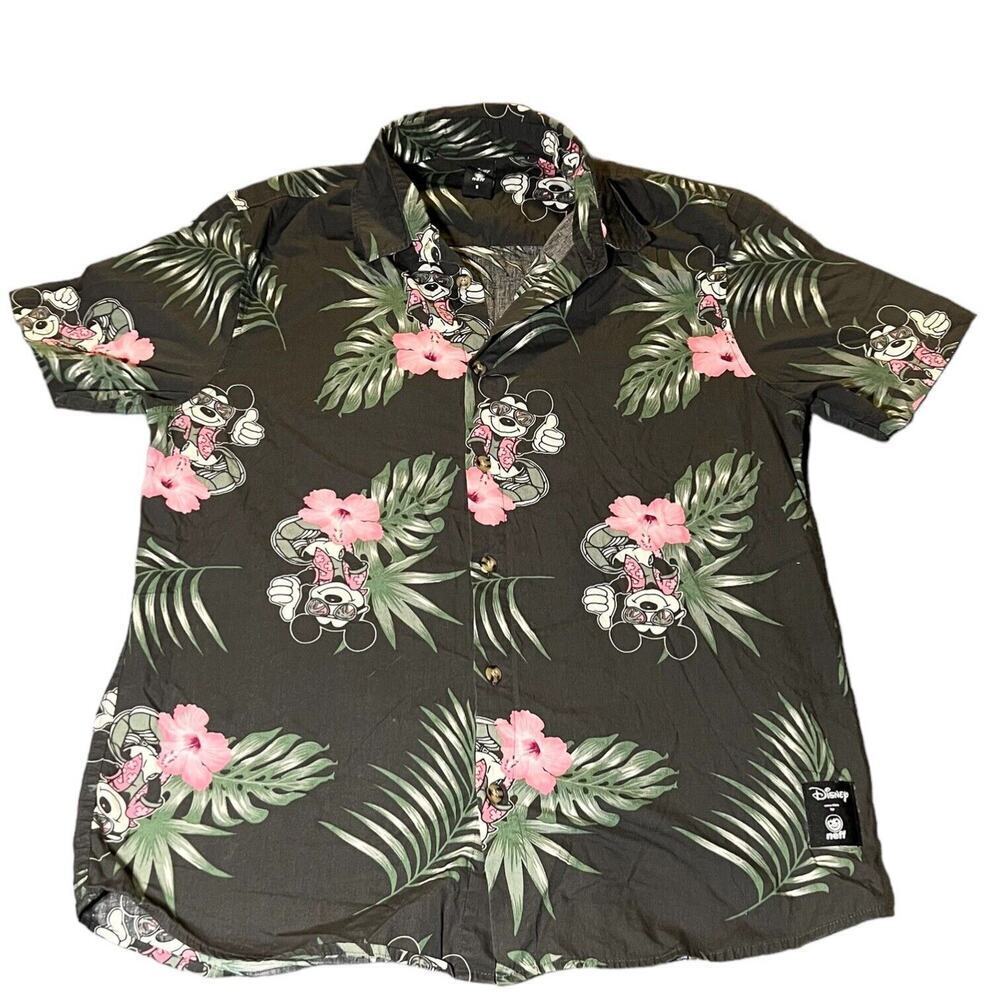 Disney X Neff Mickey Mouse Hawaiian Aloha Black Cotton Floral Shirt Mens Smal